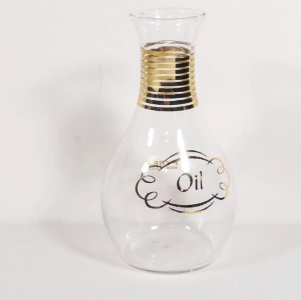 Vintage Pyrex Oil Cruet Bottle – Gold Lettering & Bands –MCM Glass
